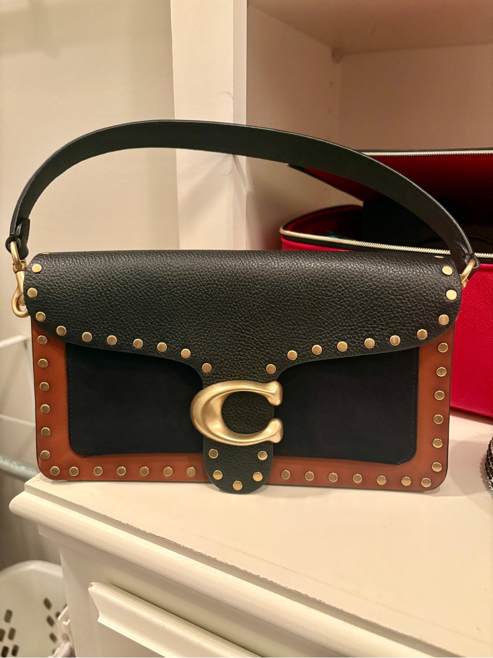 Coach Black and Brown Leather Shoulder Bag with Gold 'C' Hardware